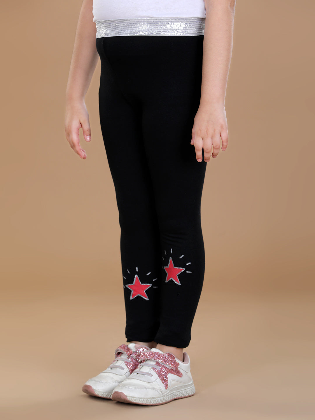 Girls Silver Elasticated Waistband & Star Printed Black Leggings