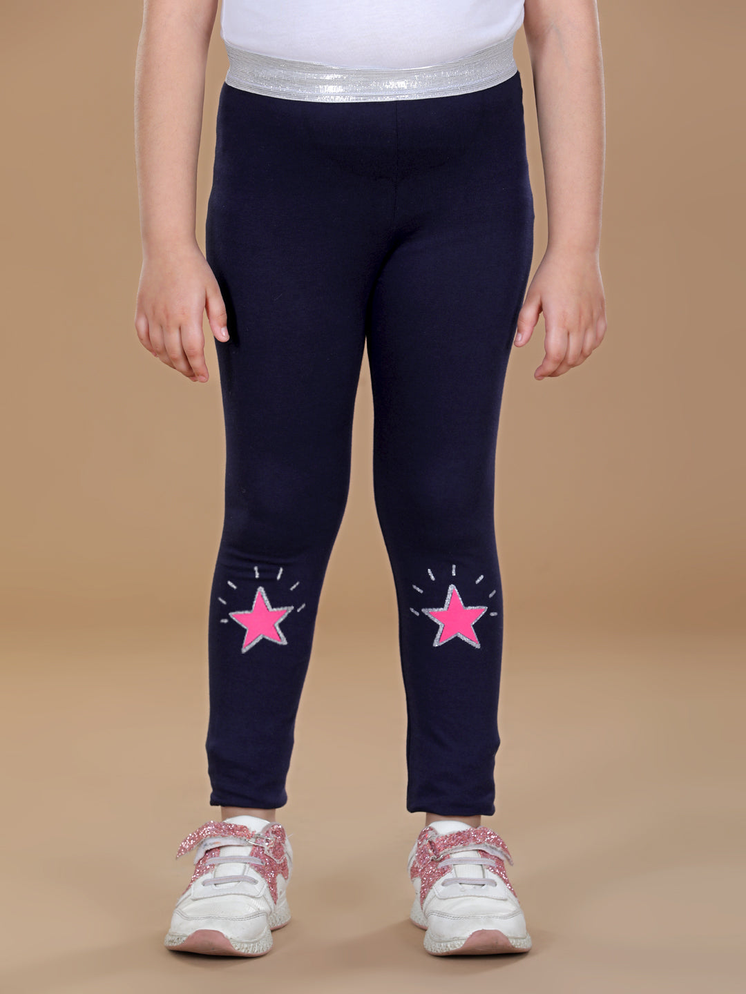 Girls Silver Elasticated Waistband & Star Printed Navy Leggings