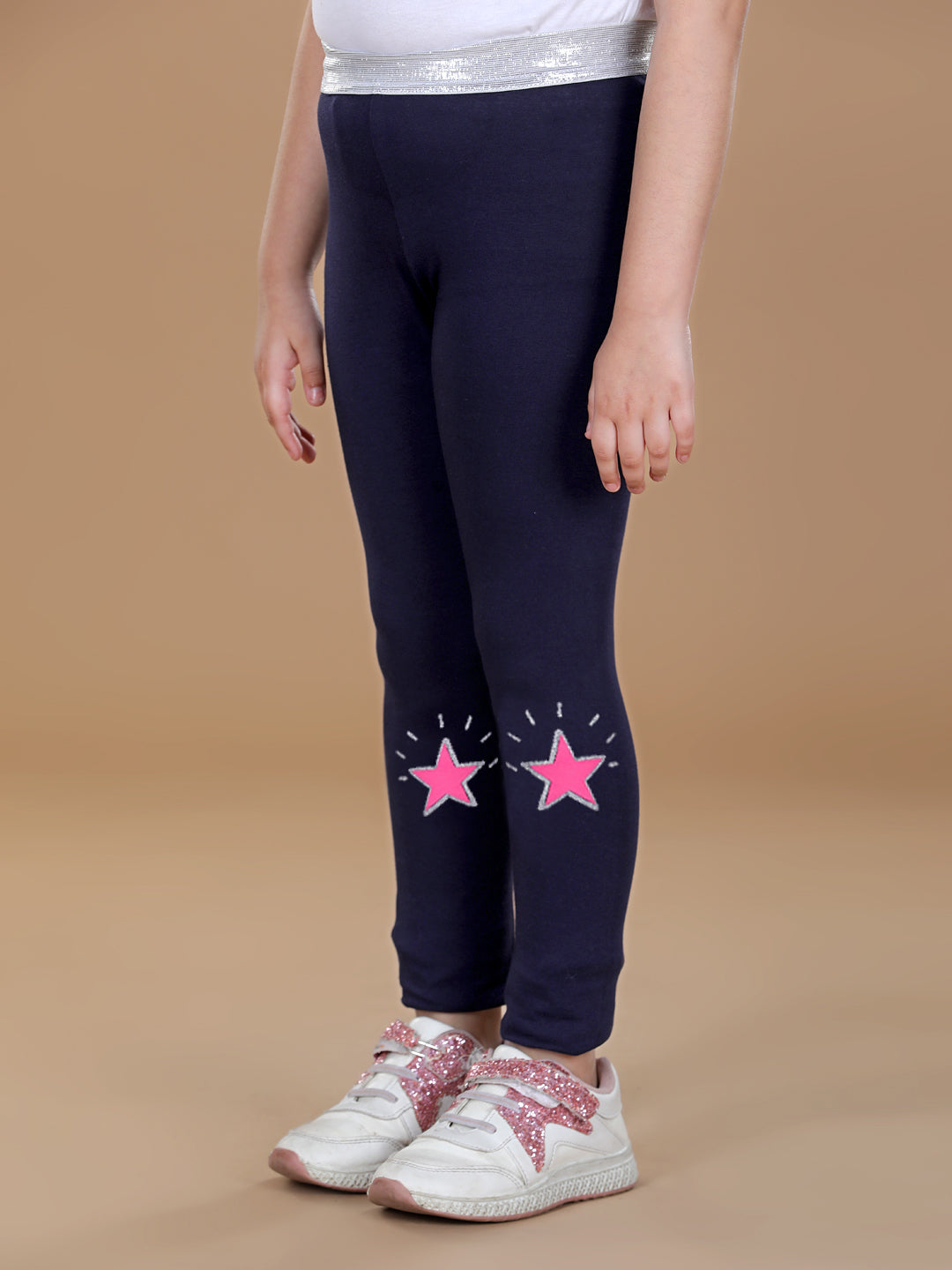 Girls Silver Elasticated Waistband & Star Printed Navy Leggings