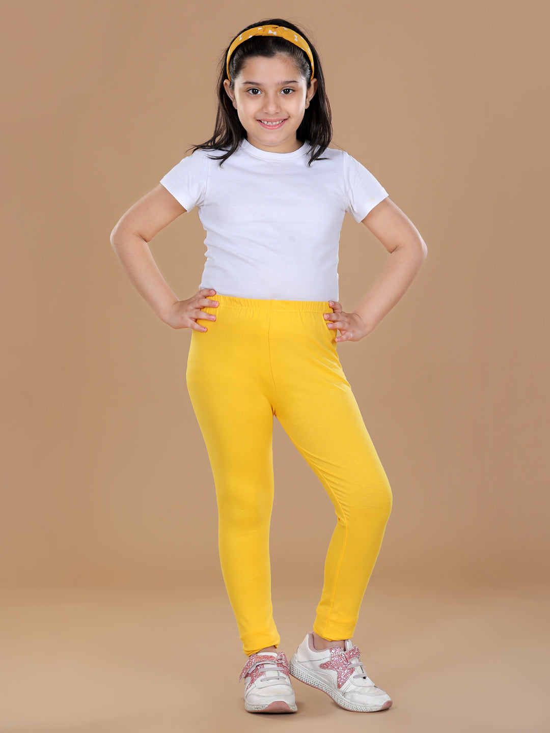 Girls Yellow Solid Legging