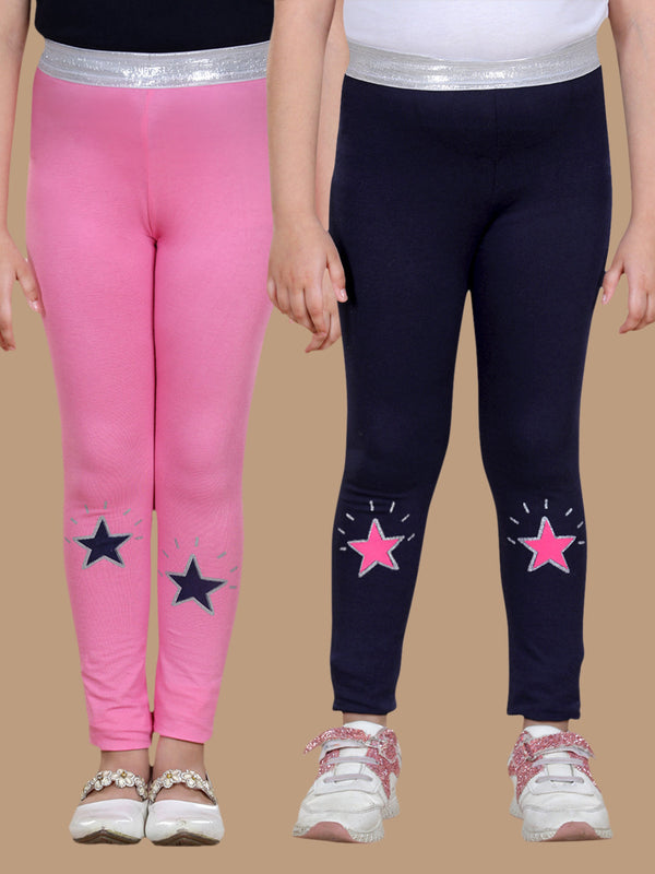 Girls Pack of 2 Star Printed Leggings- Pink & Black