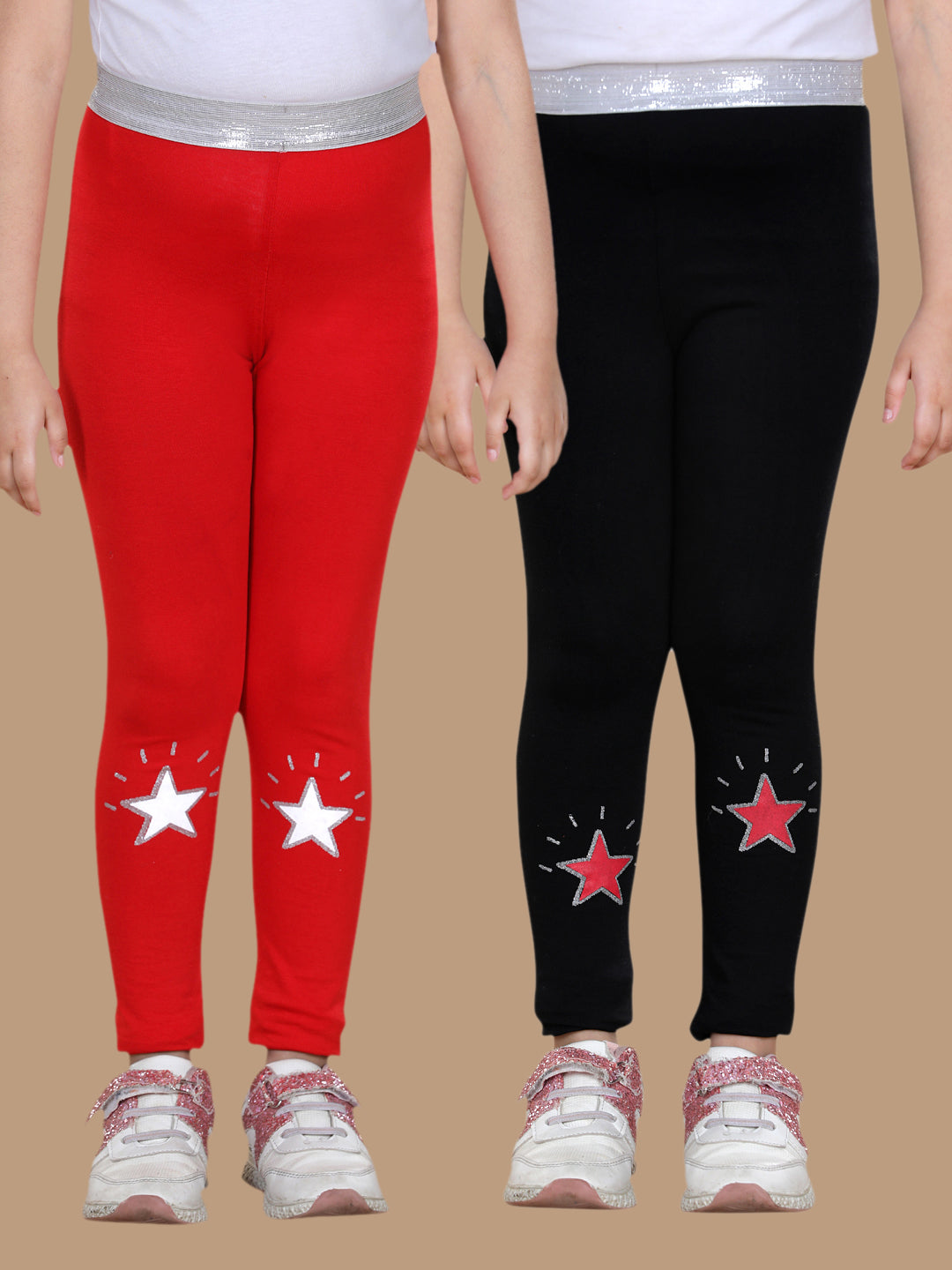 Girls Pack of 2 Star Printed Leggings- Red & Black