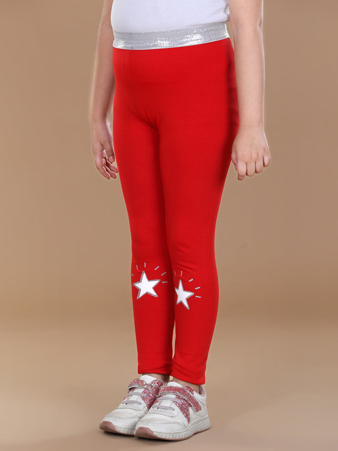 Girls Pack of 2 Star Printed Leggings- Red & Black