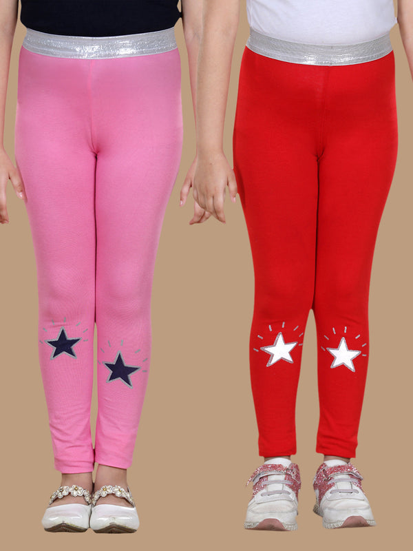 Girls Pack of 2 Star Printed Leggings- Pink & Red