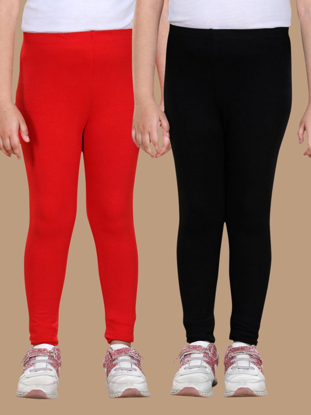 Girls Pack of 2 Solid Leggings- Red & Black