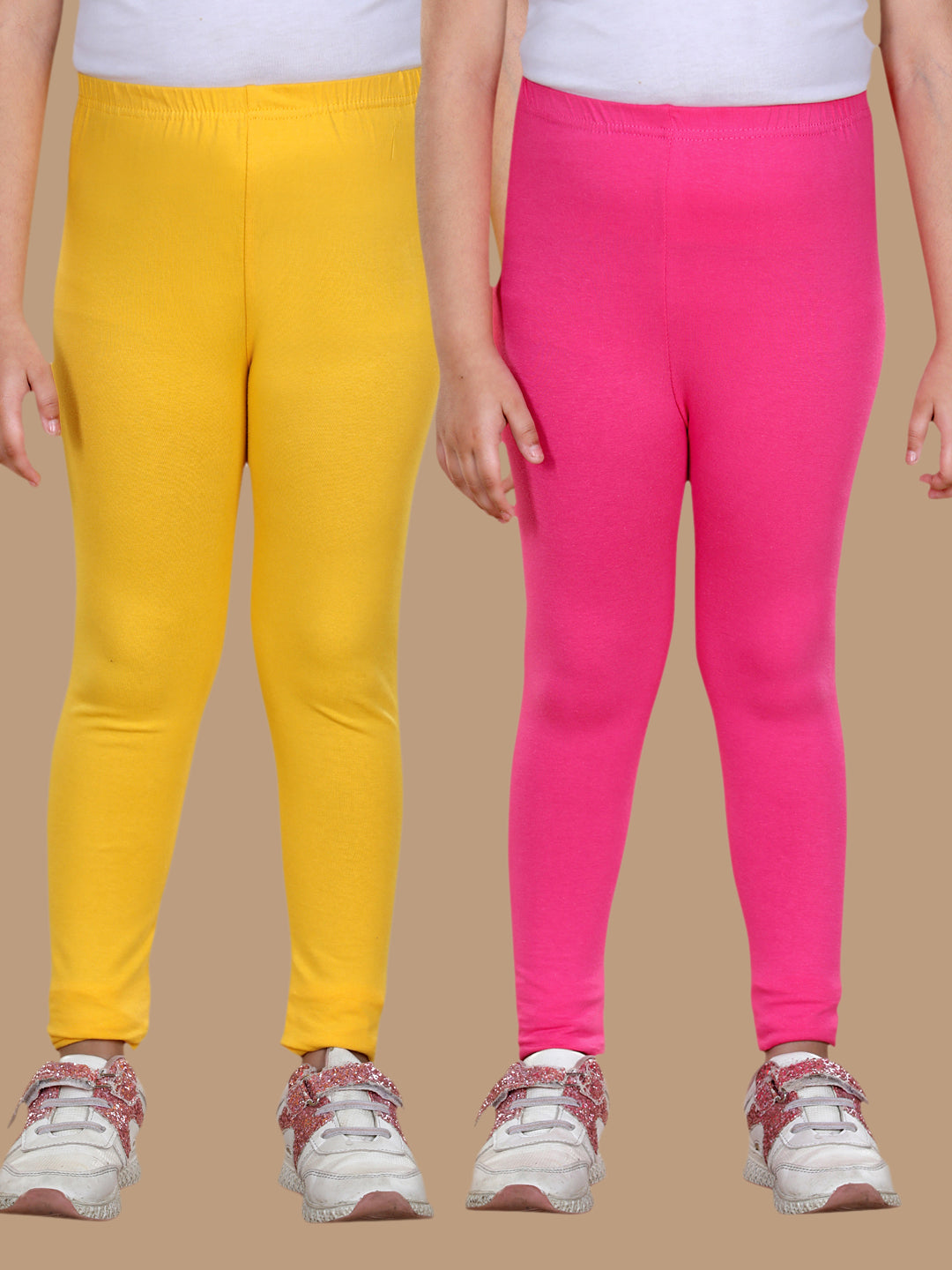 Girls Pack of 2 Solid Leggings- Yellow & Pink