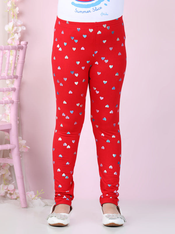 Girls Heart Foil Print Leggings-Red