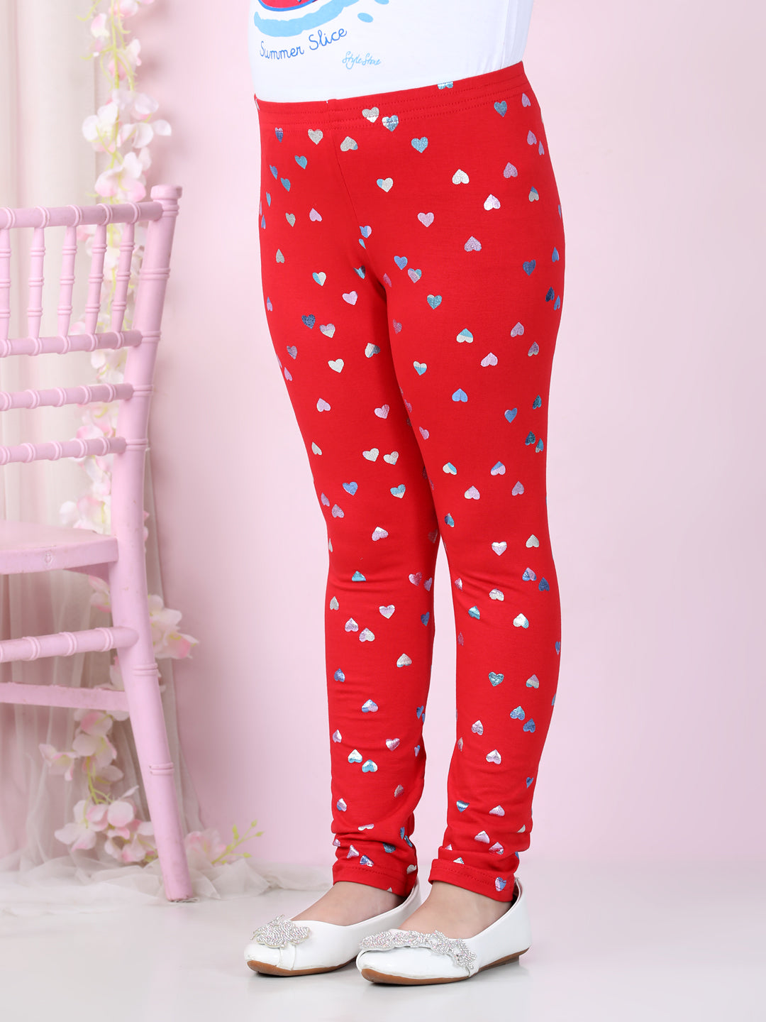 Girls Heart Foil Print Leggings-Red