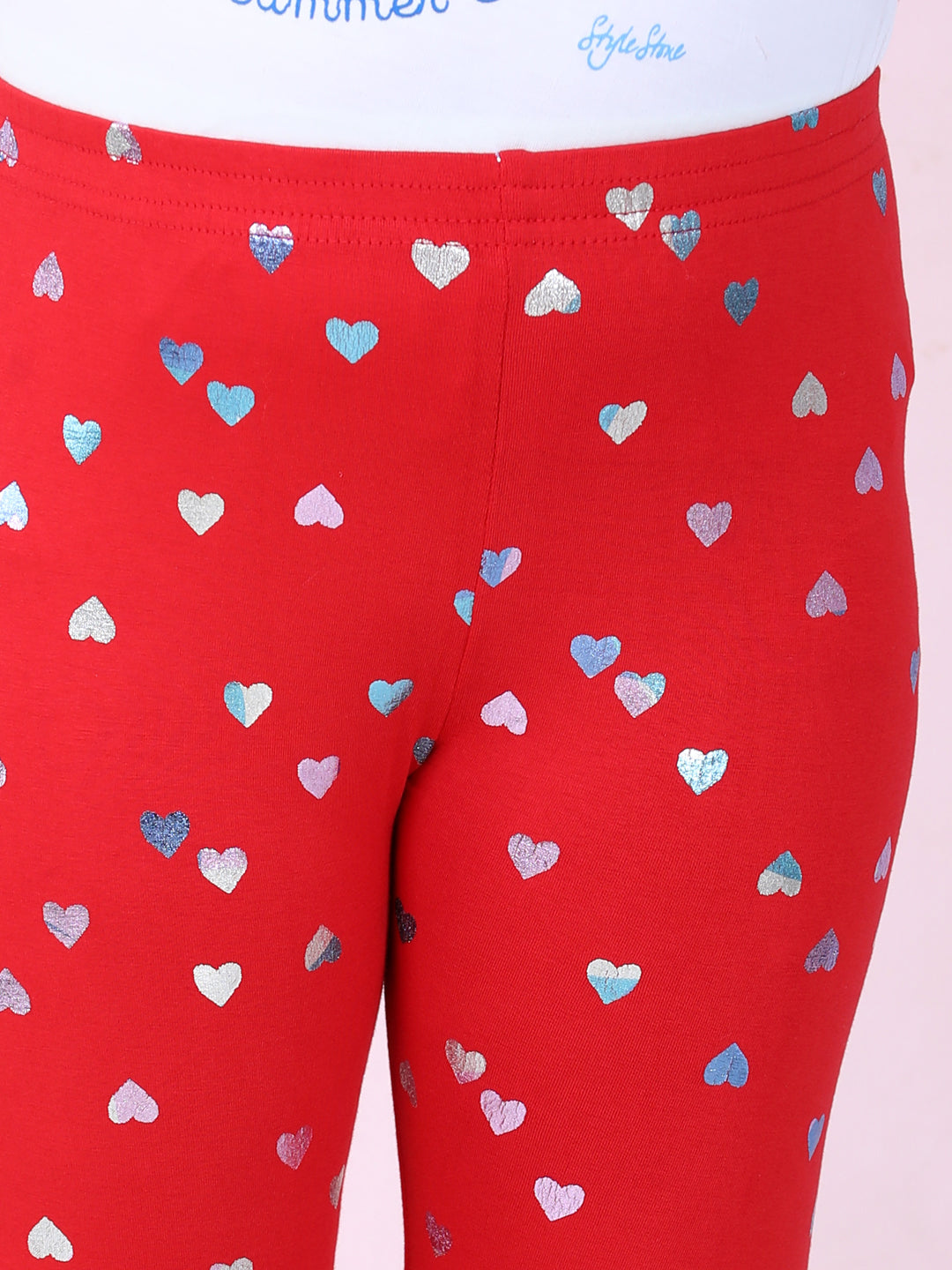 Girls Heart Foil Print Leggings-Red