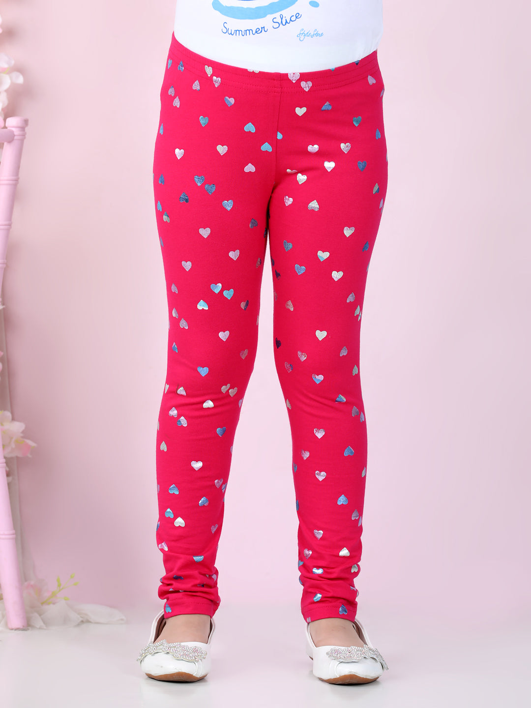 Girls Heart Foil Print Leggings- Fuchsia