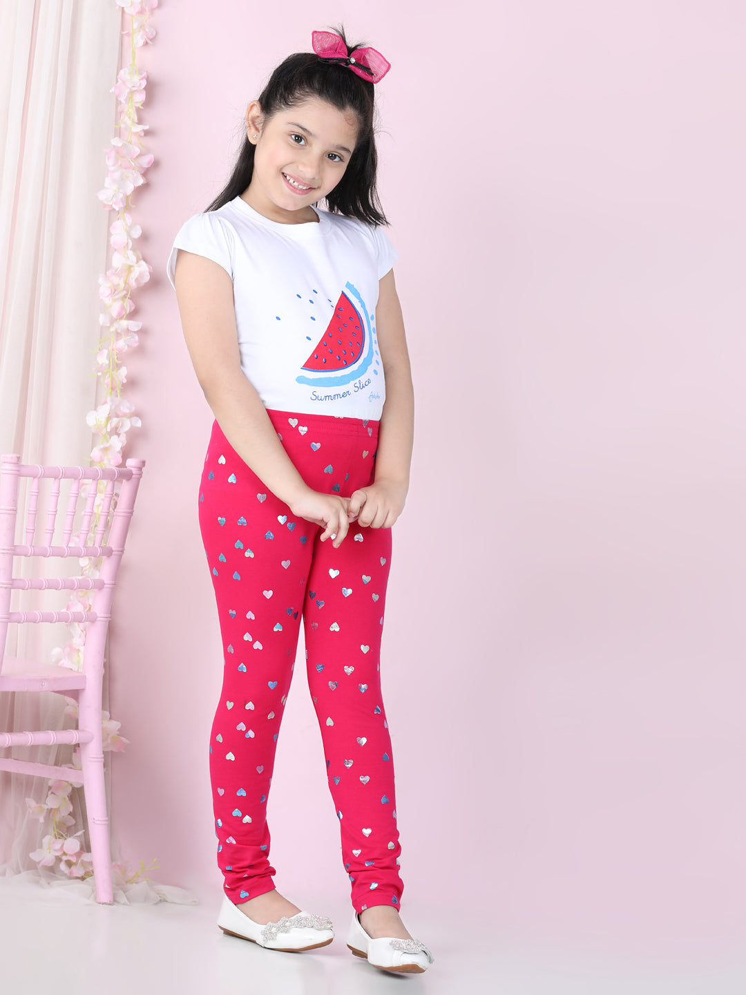 Girls Heart Foil Print Leggings- Fuchsia