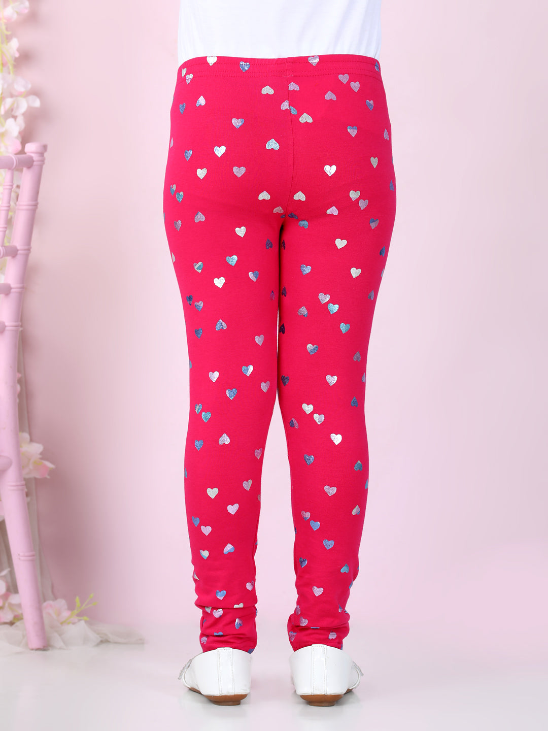 Girls Heart Foil Print Leggings- Fuchsia