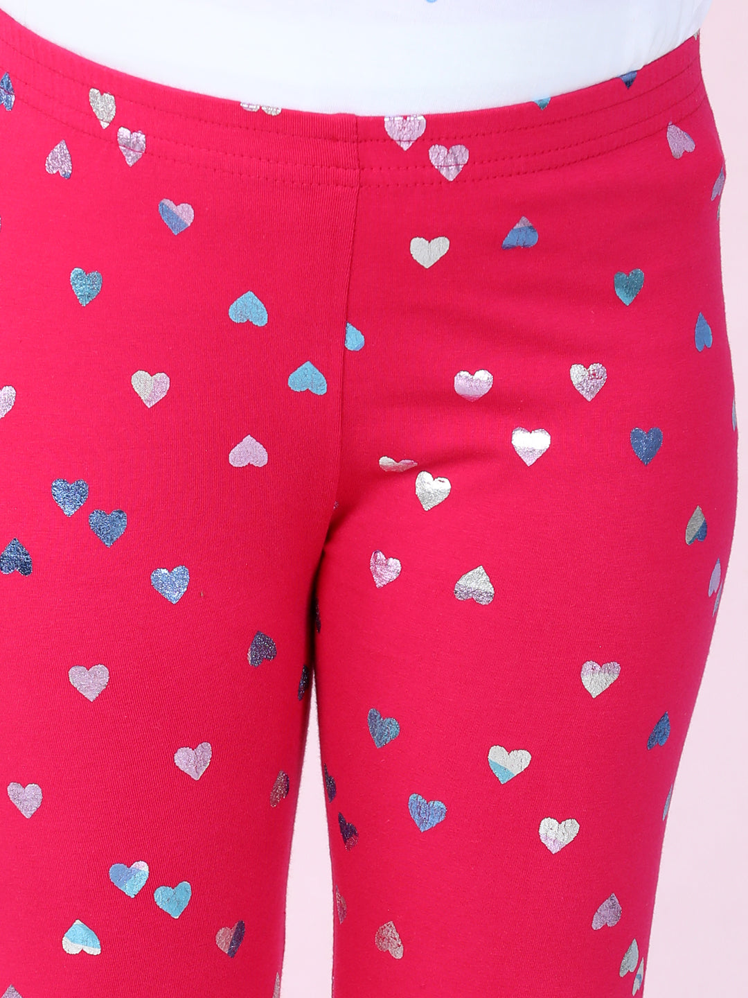 Girls Heart Foil Print Leggings- Fuchsia