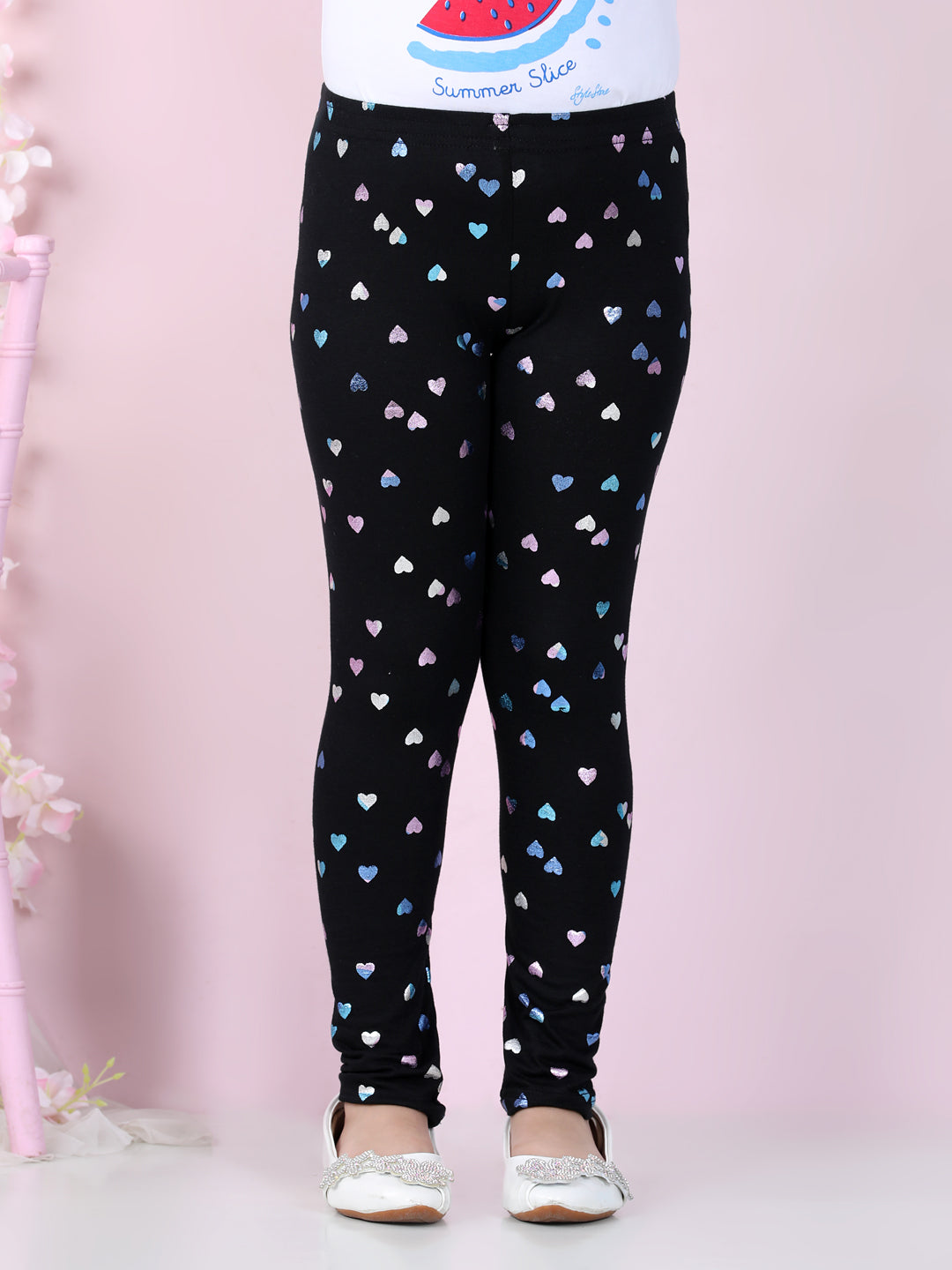 Girls Heart Foil Print Leggings- Black