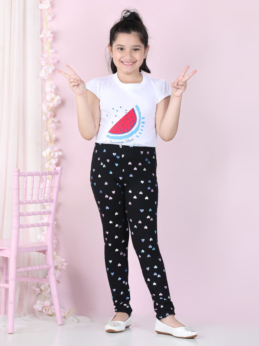 Girls Heart Foil Print Leggings- Black