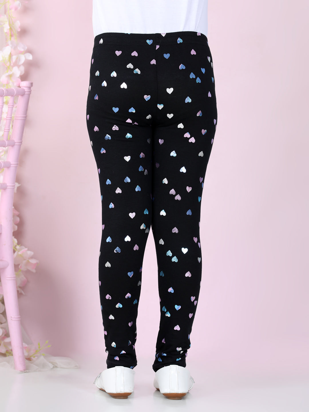 Girls Heart Foil Print Leggings- Black