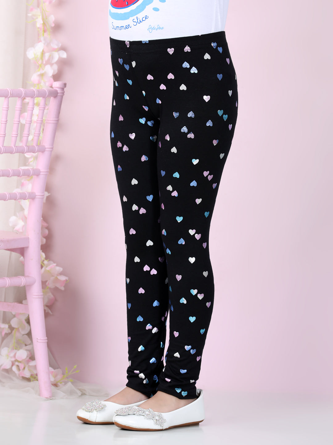 Girls Heart Foil Print Leggings- Black