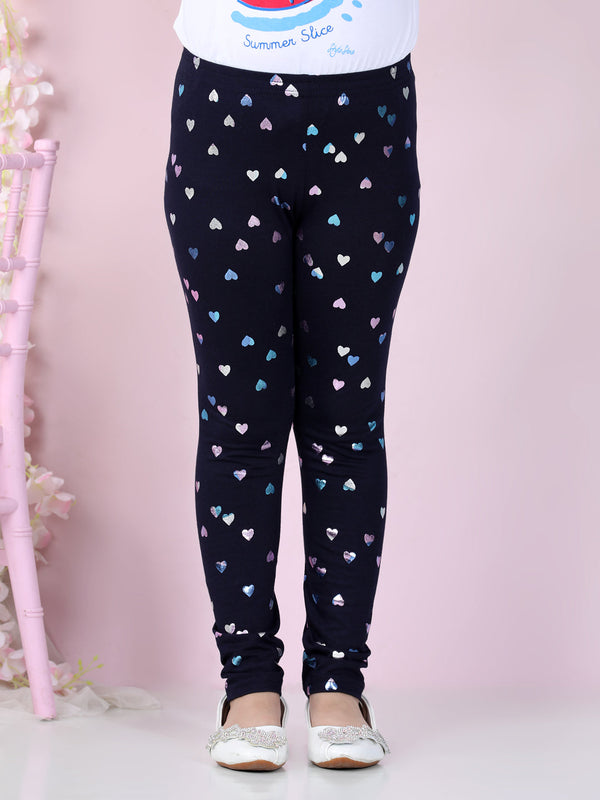 Girls Heart Foil Print Leggings- Navy