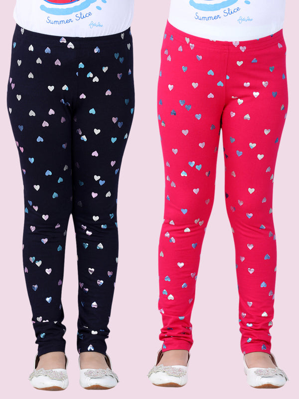 Girls Pack of 2 Heart Foil Print Leggings- Fuchsia & Navy