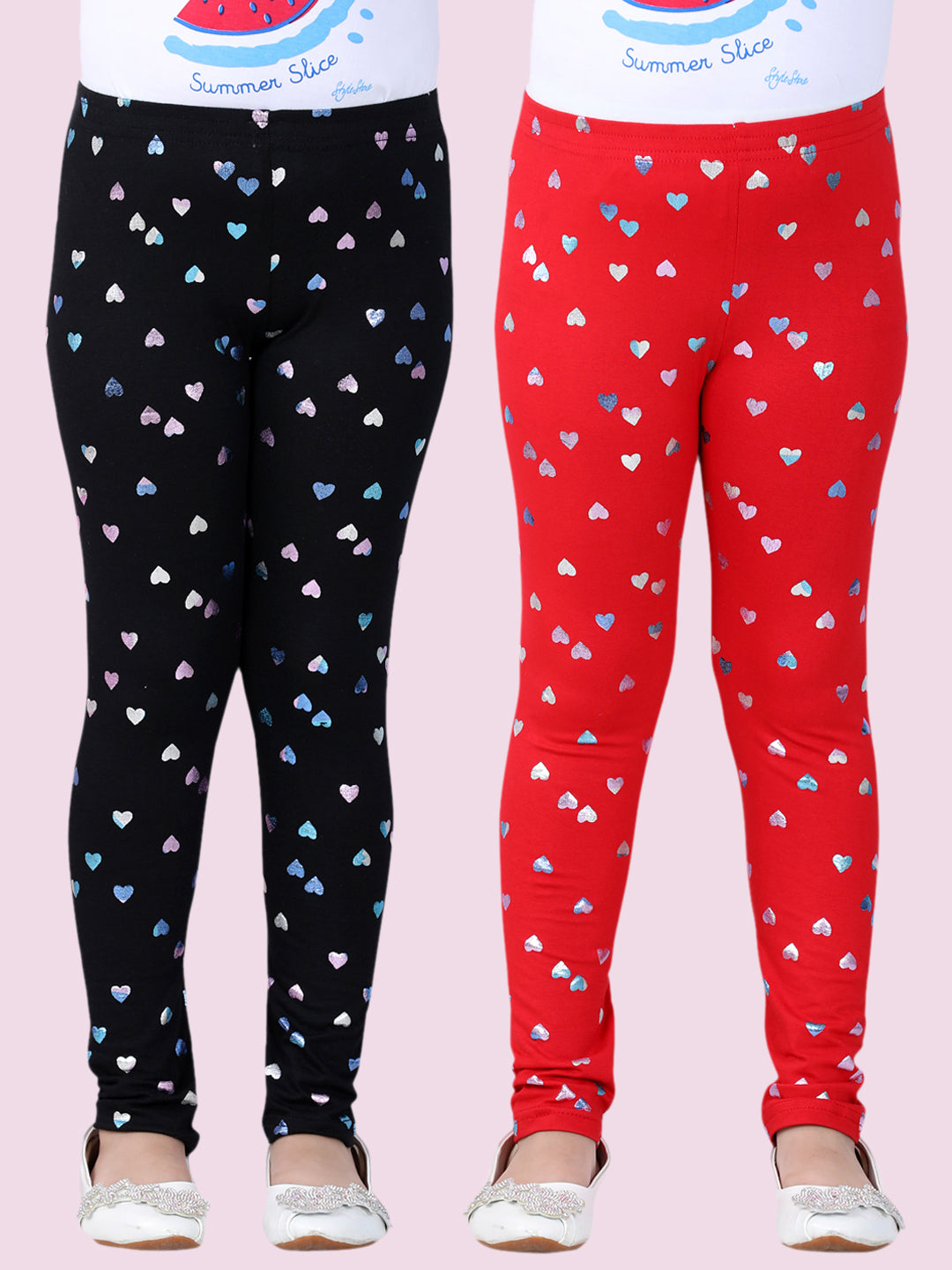 Girls Pack of 2 Heart Foil Print Leggings- Red & Black