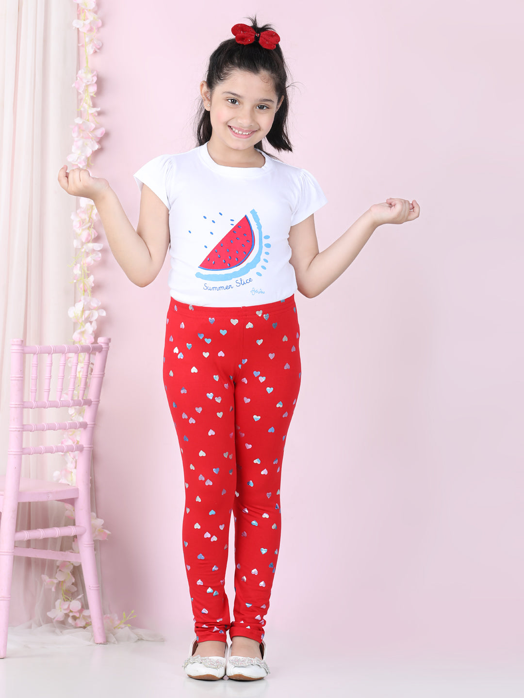 Girls Pack of 2 Heart Foil Print Leggings- Fuchsia & Red