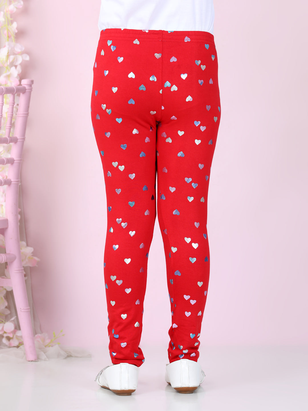 Girls Pack of 2 Heart Foil Print Leggings- Fuchsia & Red