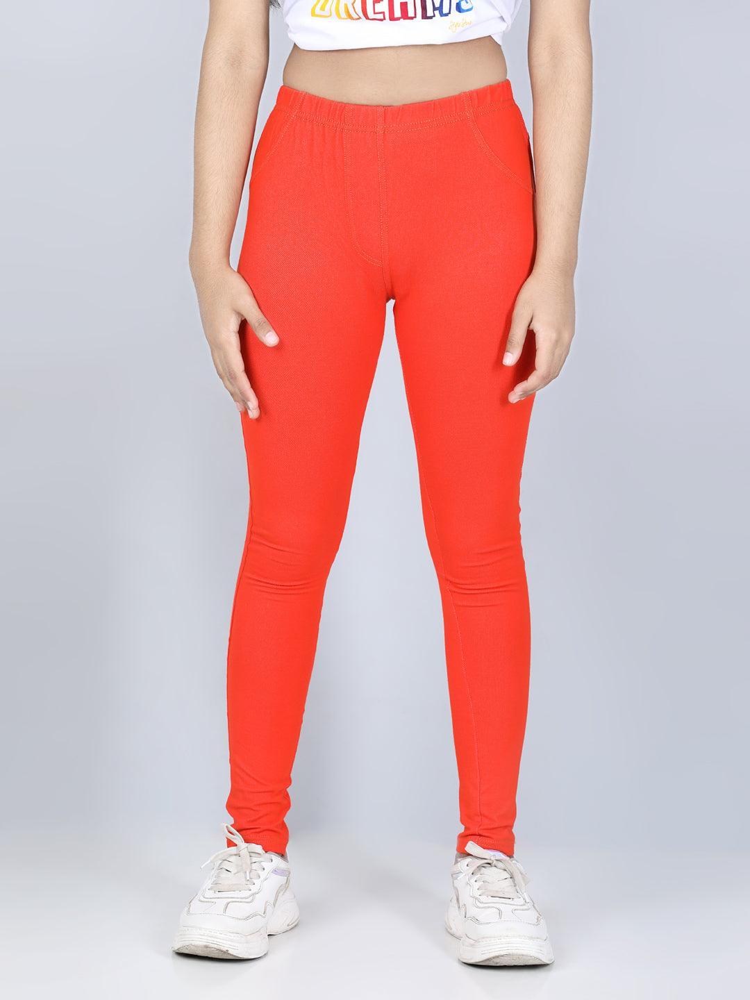 Girls Cotton Jeggings-Orange