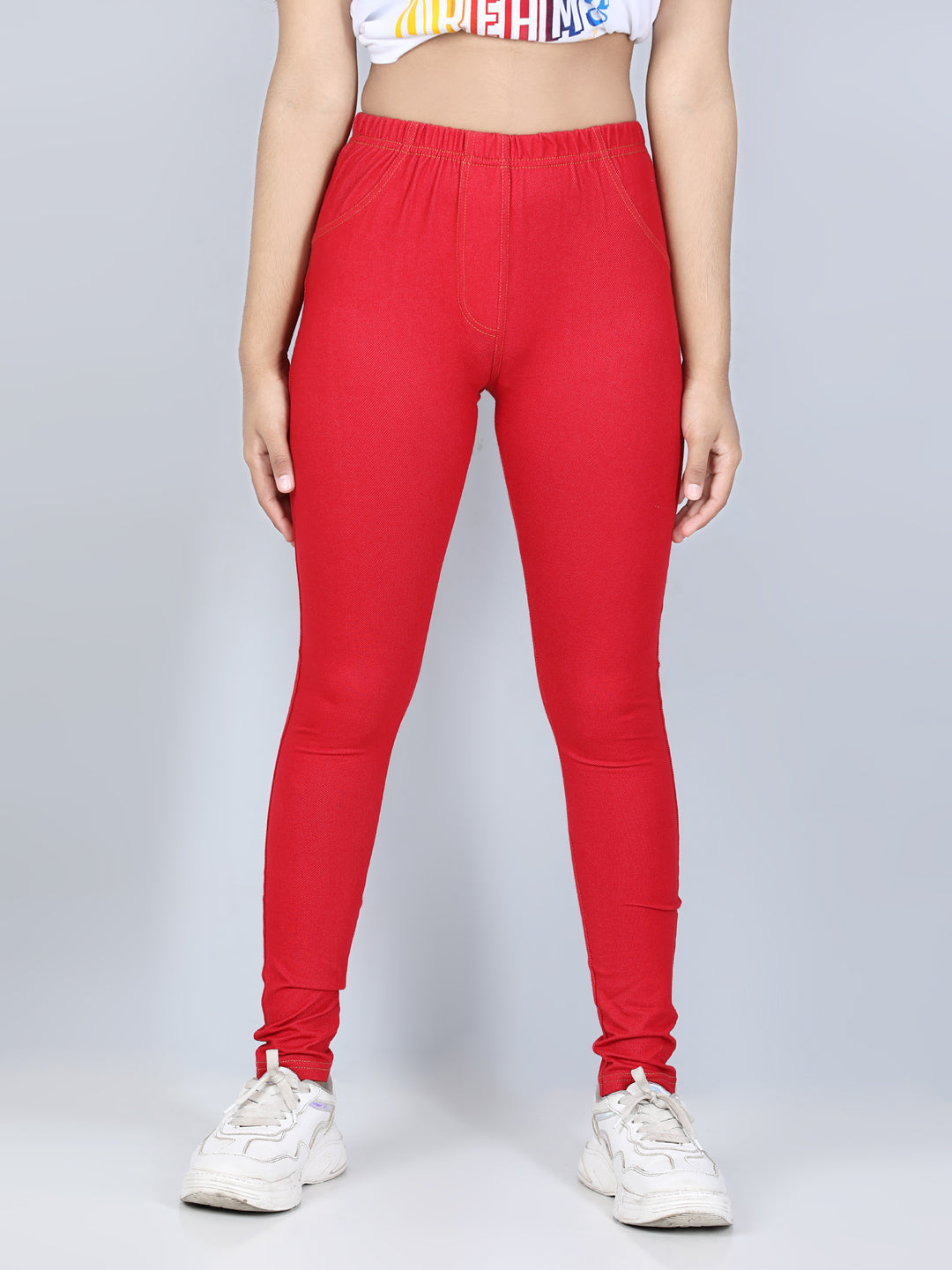 Girls Cotton Jeggings-Red