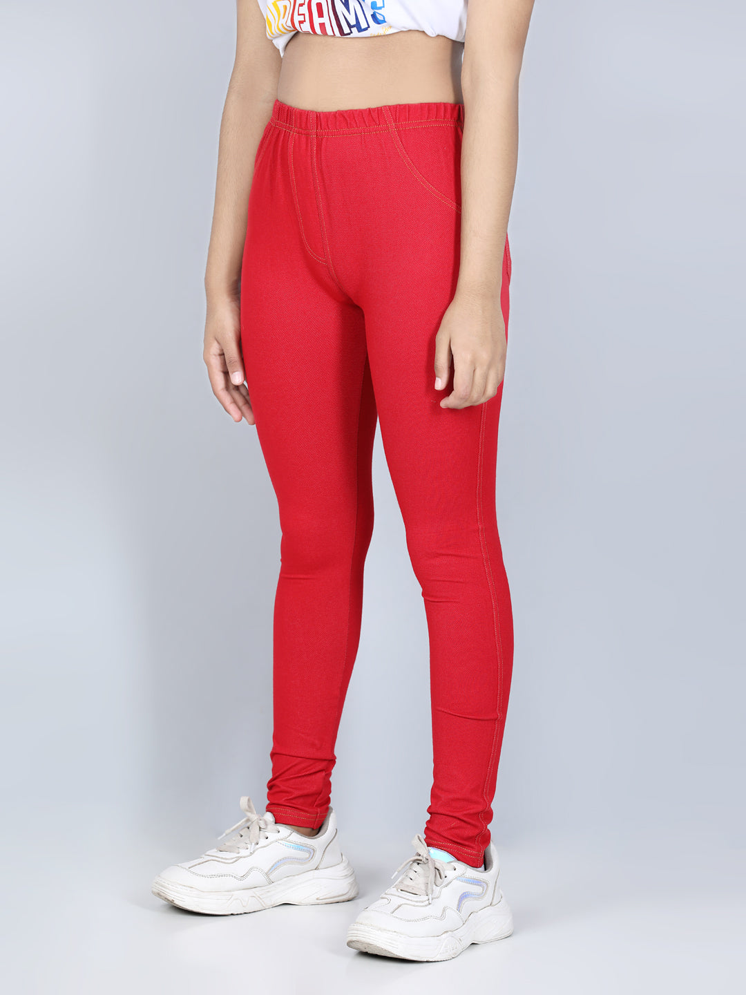 Girls Cotton Jeggings-Red