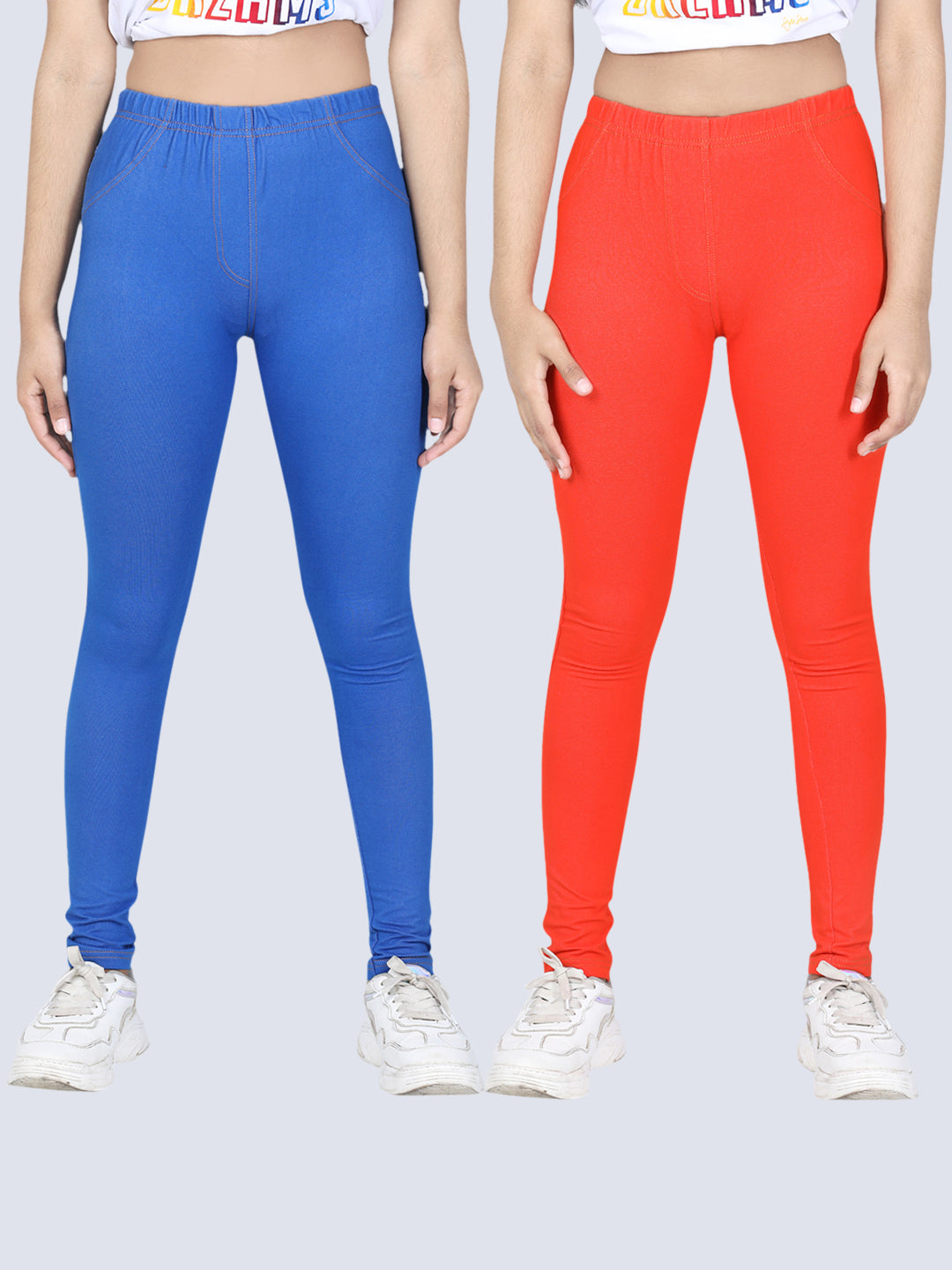 Girls Pack of 2 Cotton Jeggings-Blue & Orange