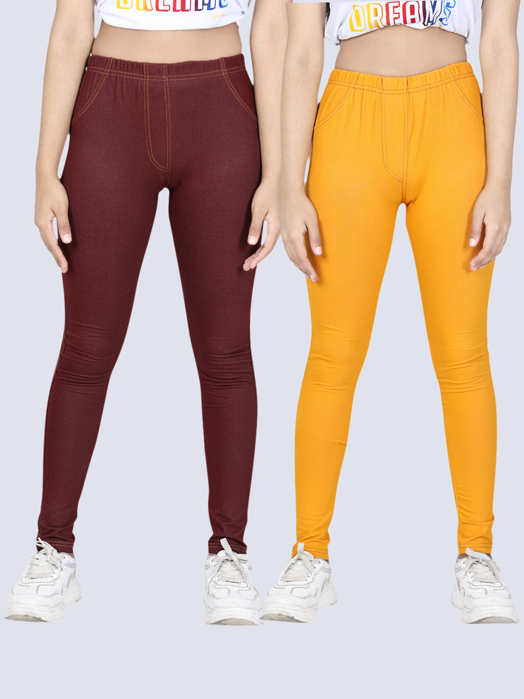 Girls Pack of 2 Cotton Jeggings-Brown & Mustard