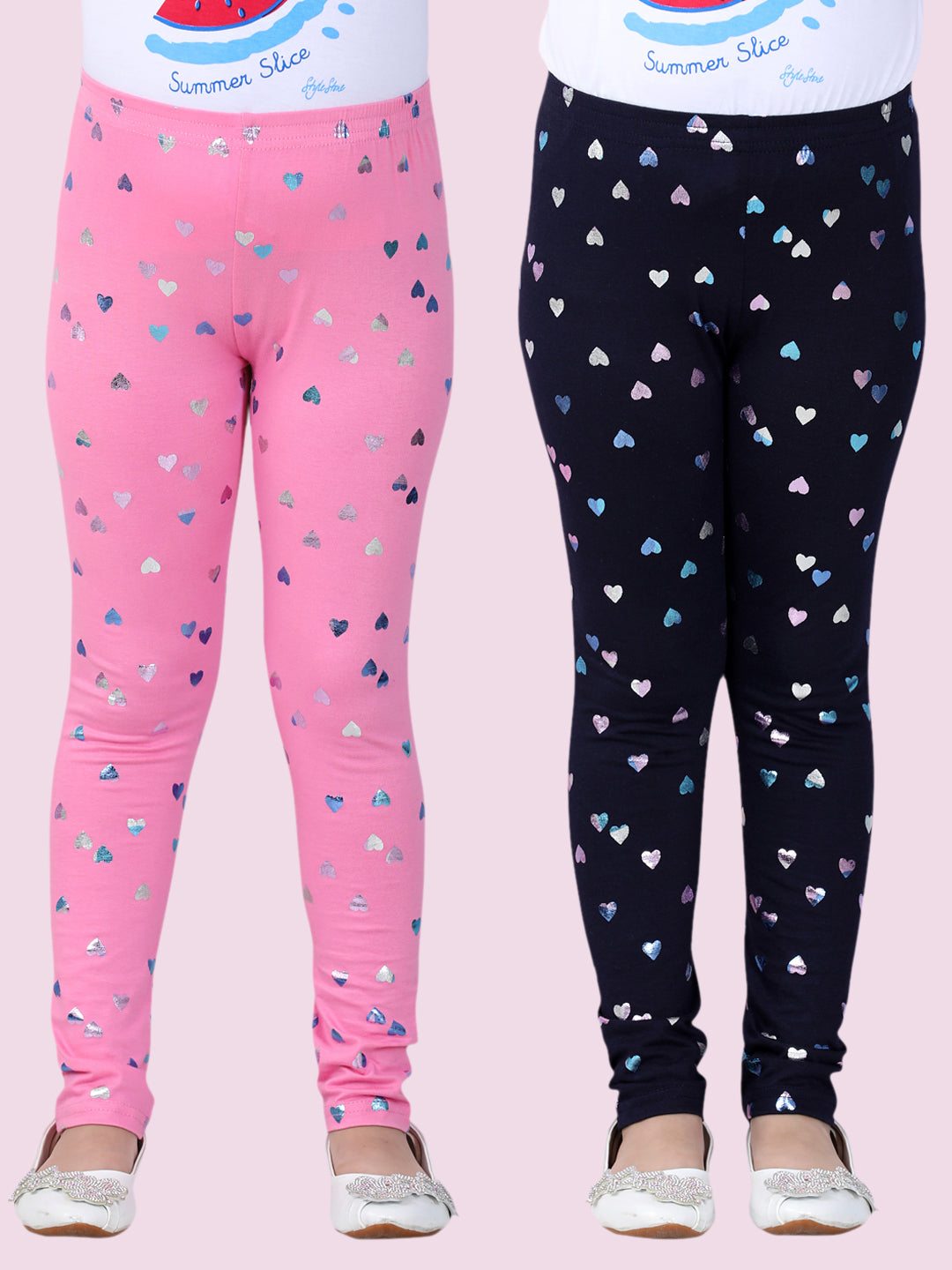 Girls Pack of 2 Heart Foil Print Leggings- Pink & Navy