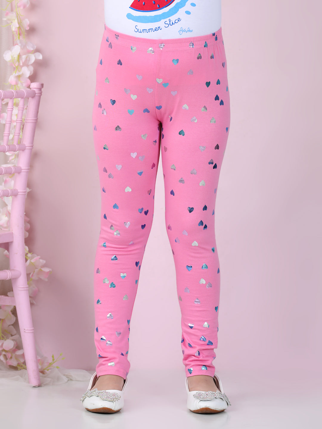 Girls Pack of 2 Heart Foil Print Leggings- Pink & Navy