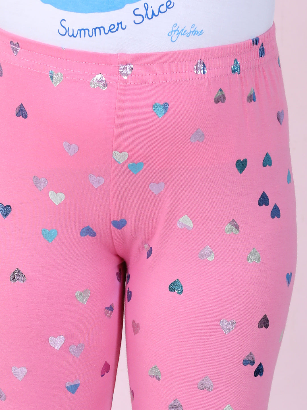 Girls Pack of 2 Heart Foil Print Leggings- Pink & Navy