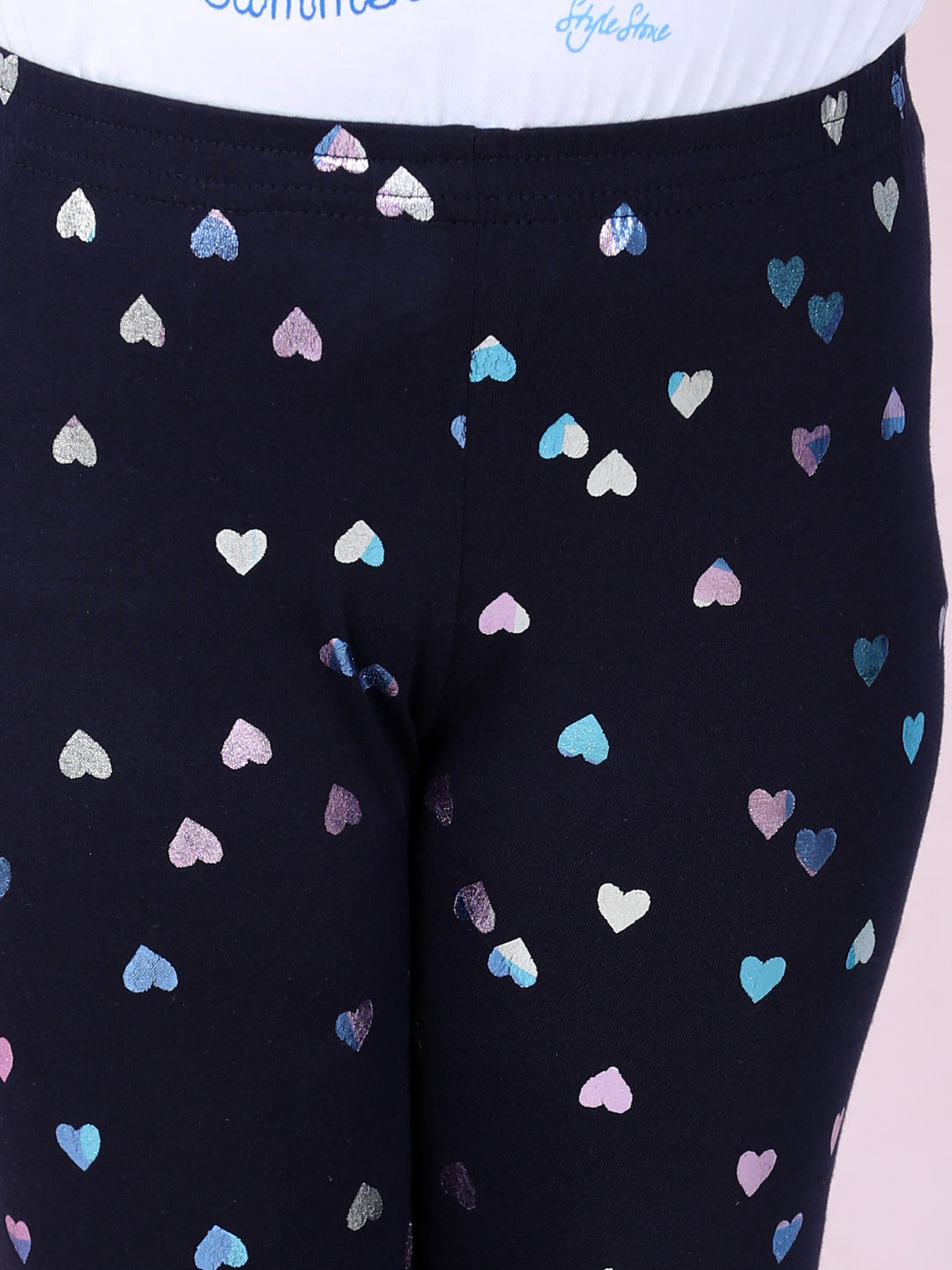 Girls Pack of 2 Heart Foil Print Leggings- Pink & Navy