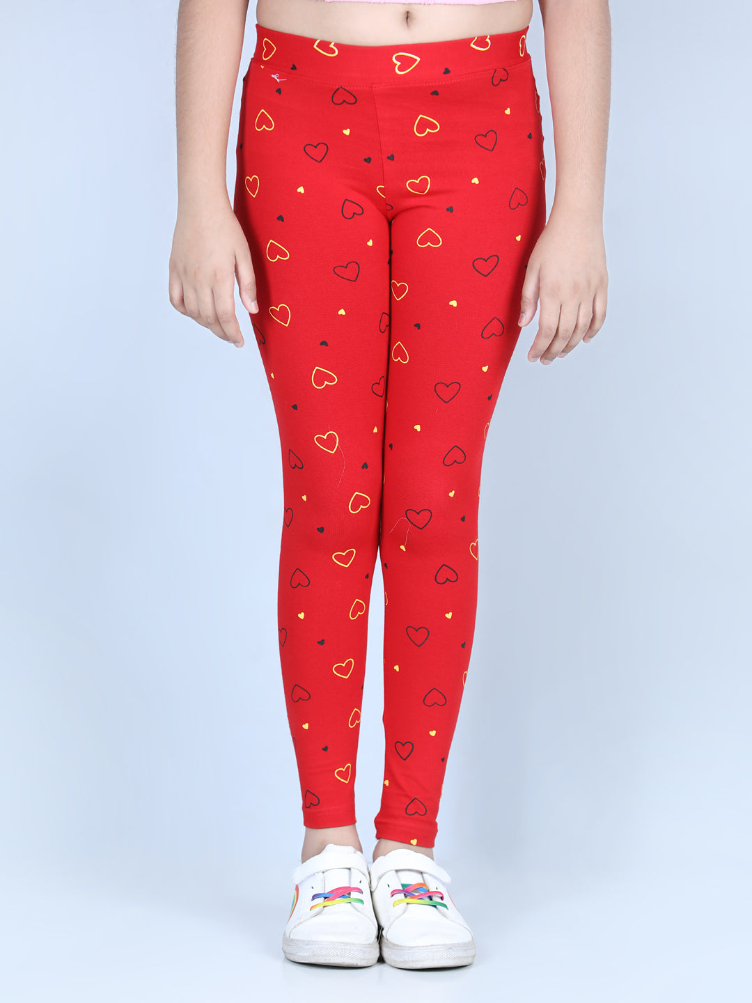 Girls Heart Printed Leggings with Flat Waistband- Red