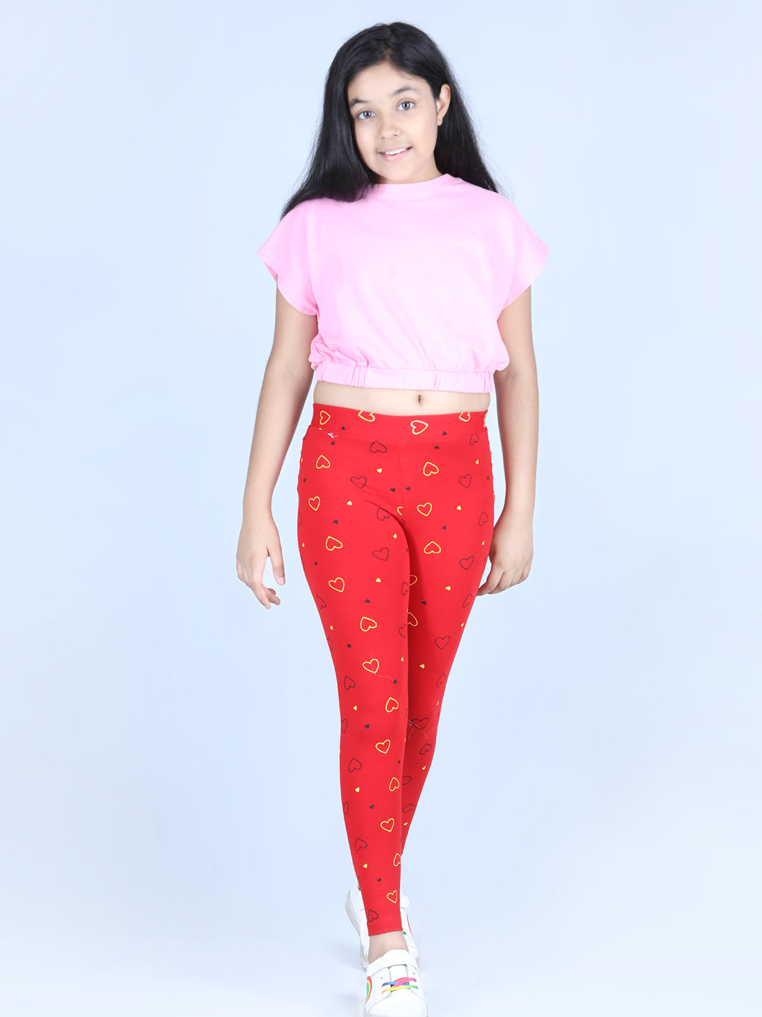 Girls Heart Printed Leggings with Flat Waistband- Red