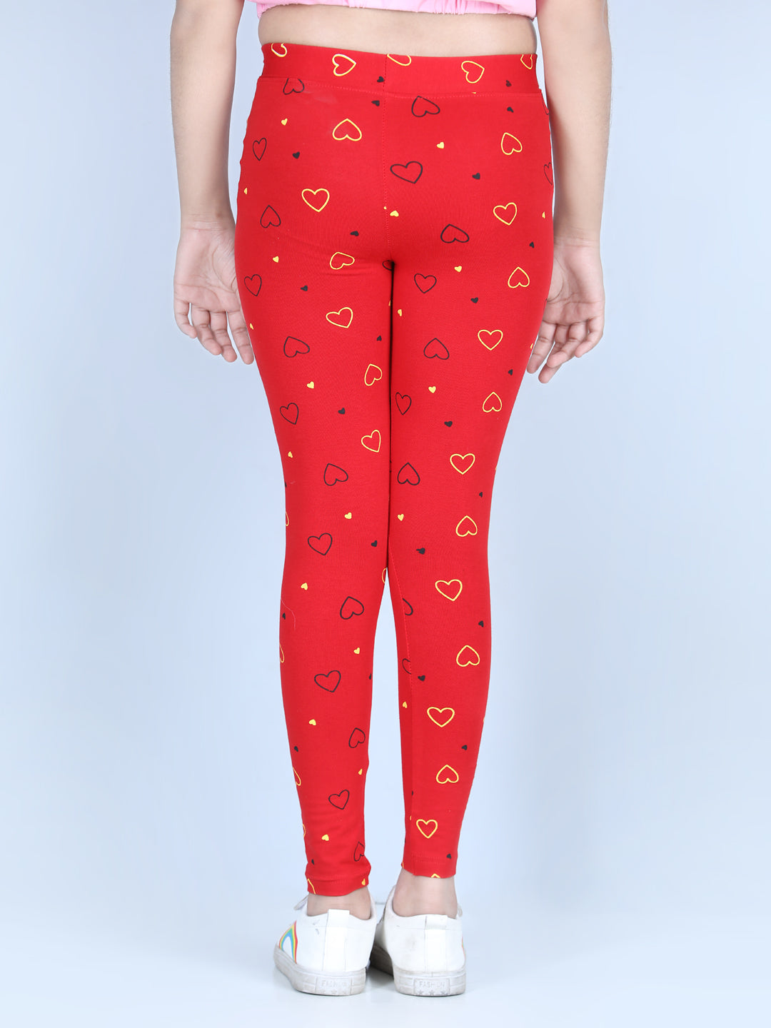 Girls Heart Printed Leggings with Flat Waistband- Red