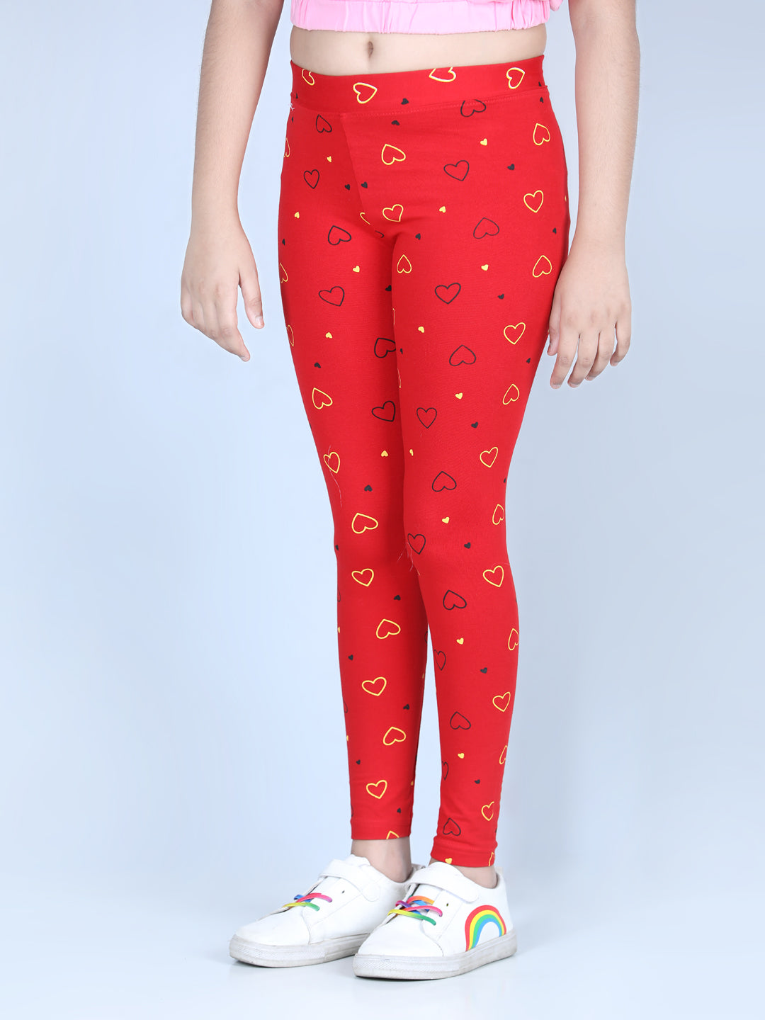 Girls Heart Printed Leggings with Flat Waistband- Red