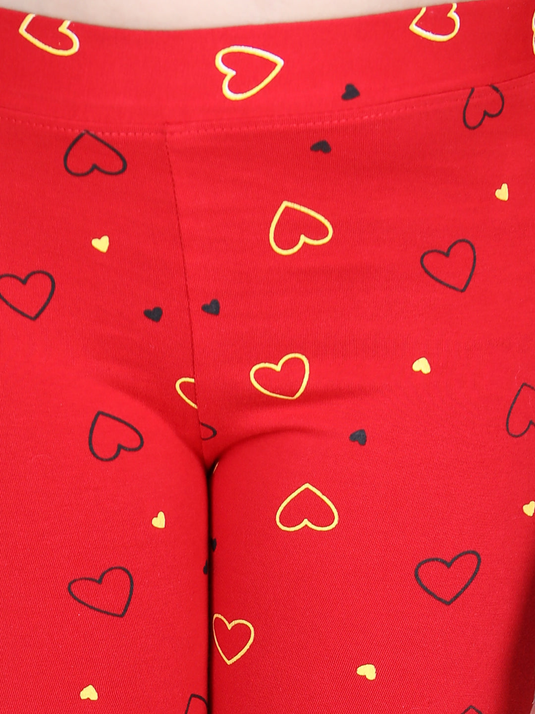 Girls Heart Printed Leggings with Flat Waistband- Red