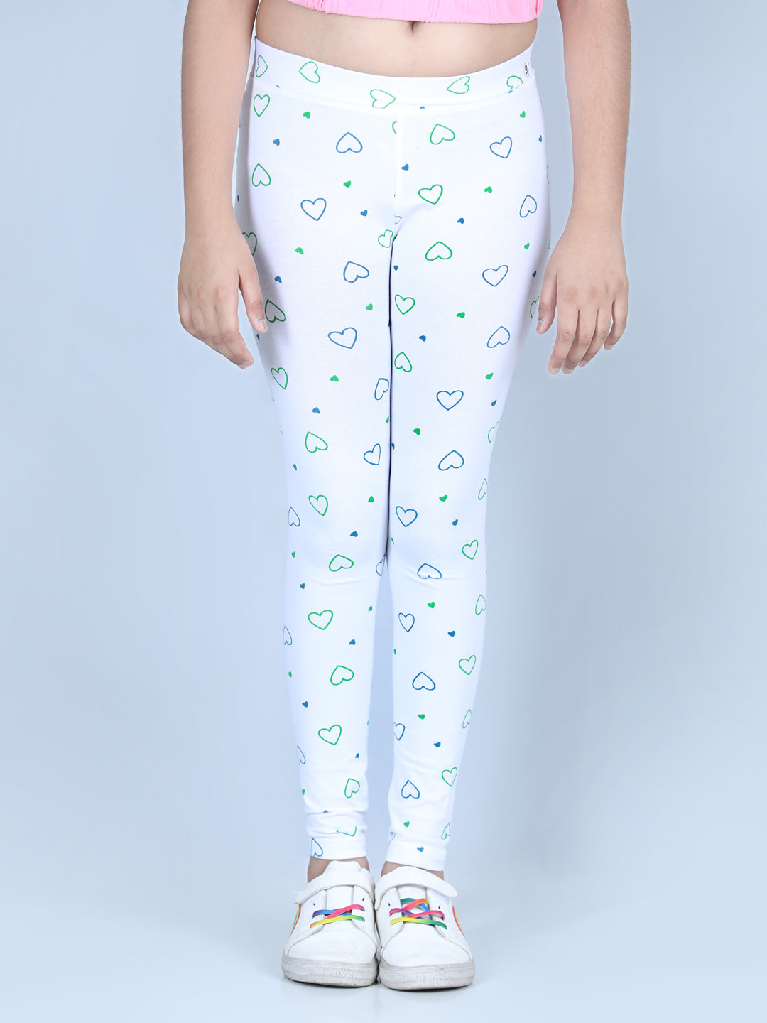 Girls Heart Printed Leggings with Flat Waistband- White