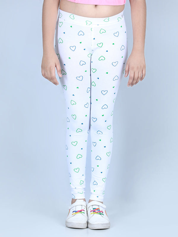 Girls Heart Printed Leggings with Flat Waistband- White