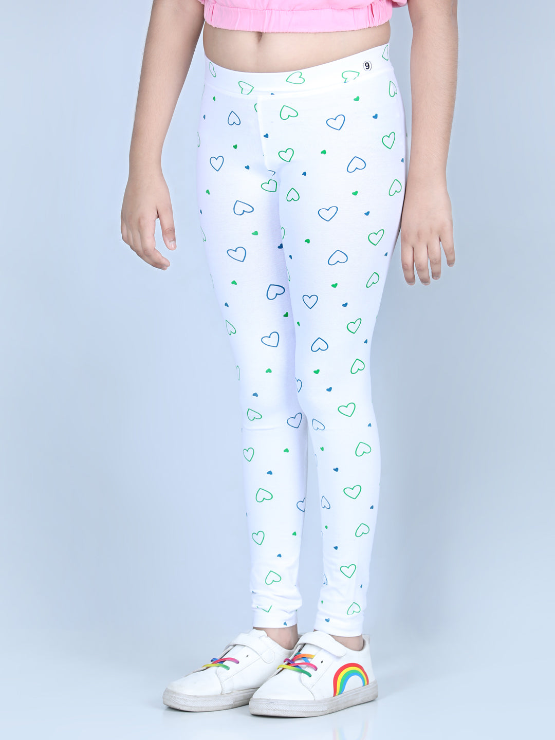 Girls Heart Printed Leggings with Flat Waistband- White