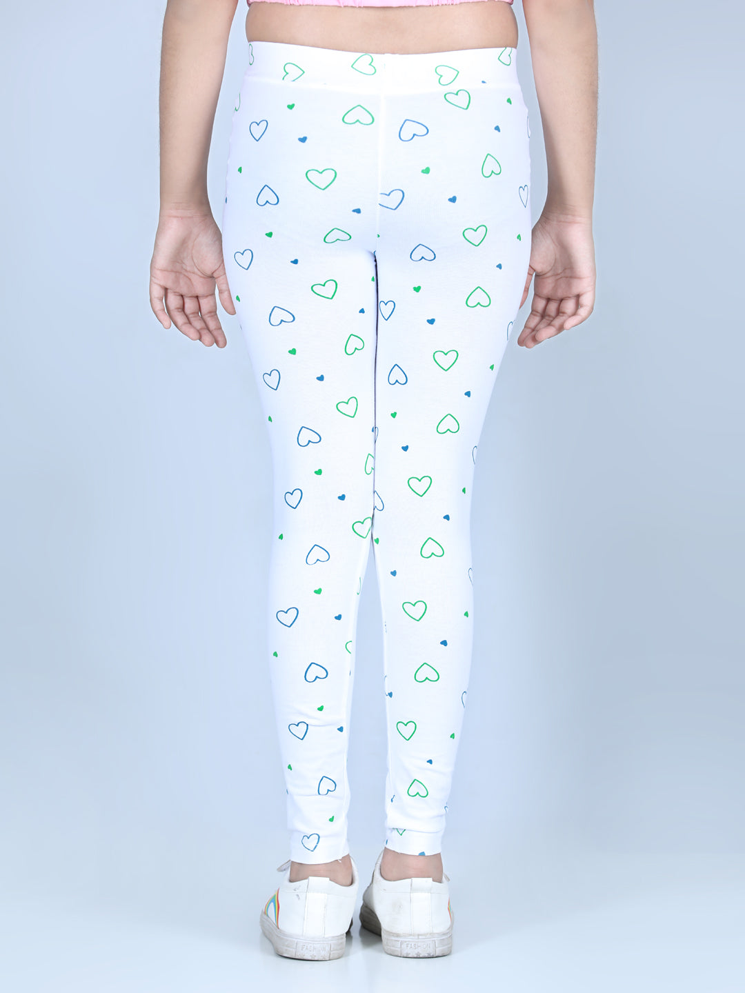 Girls Heart Printed Leggings with Flat Waistband- White