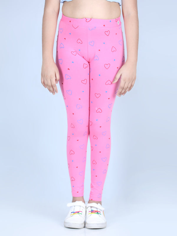 Girls Heart Printed Leggings with Flat Waistband- Pink