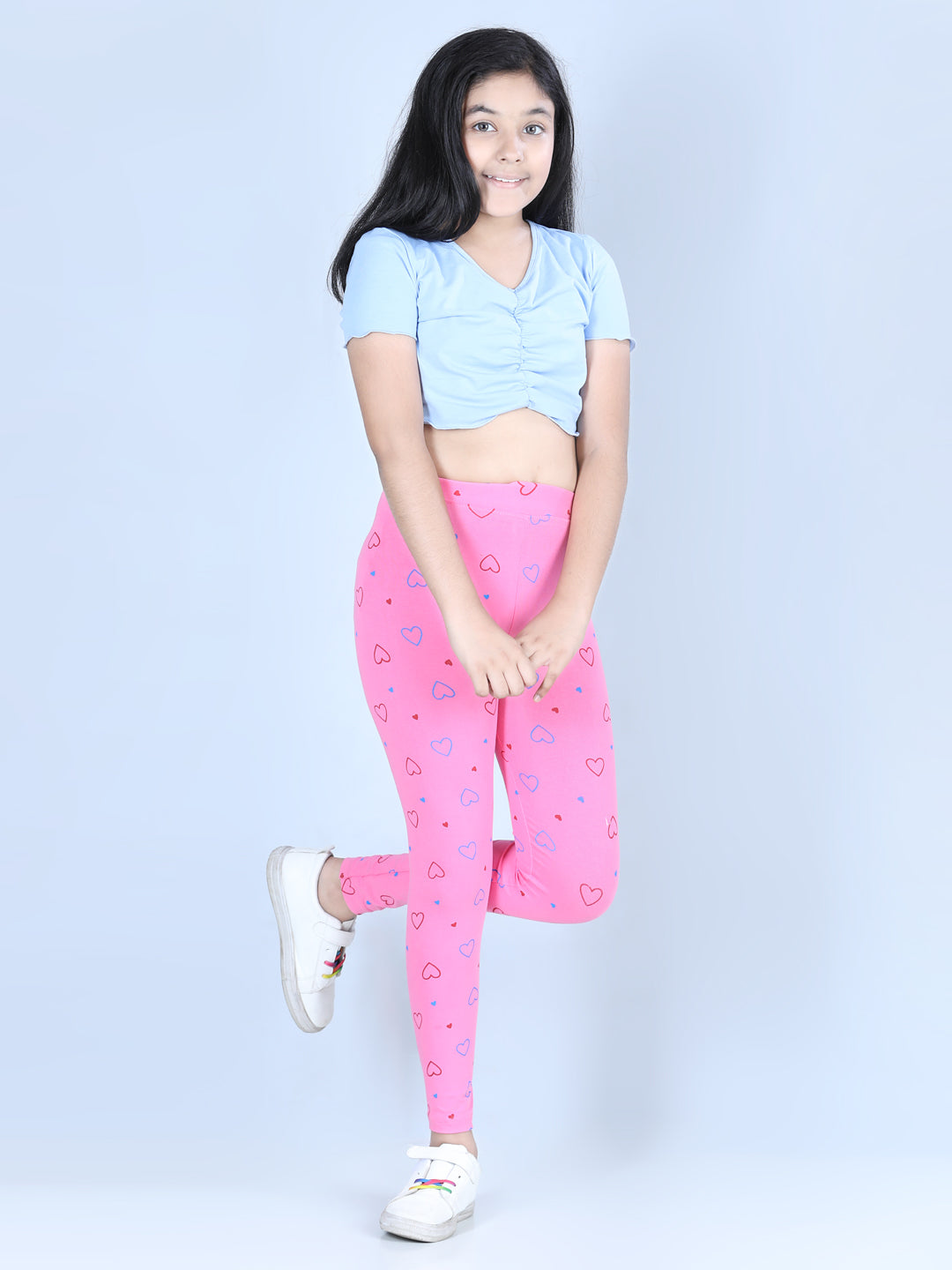 Girls Heart Printed Leggings with Flat Waistband- Pink
