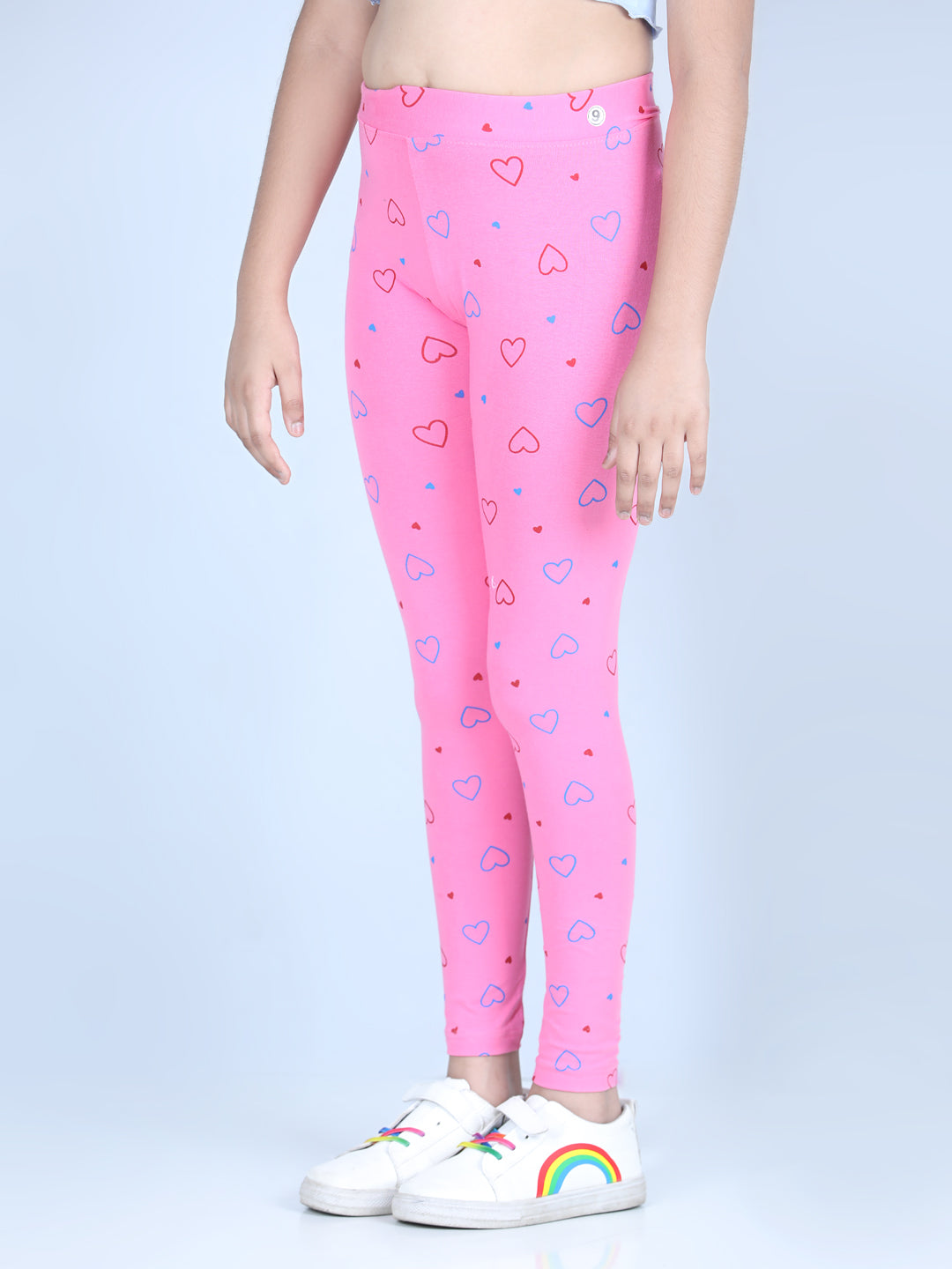 Girls Heart Printed Leggings with Flat Waistband- Pink