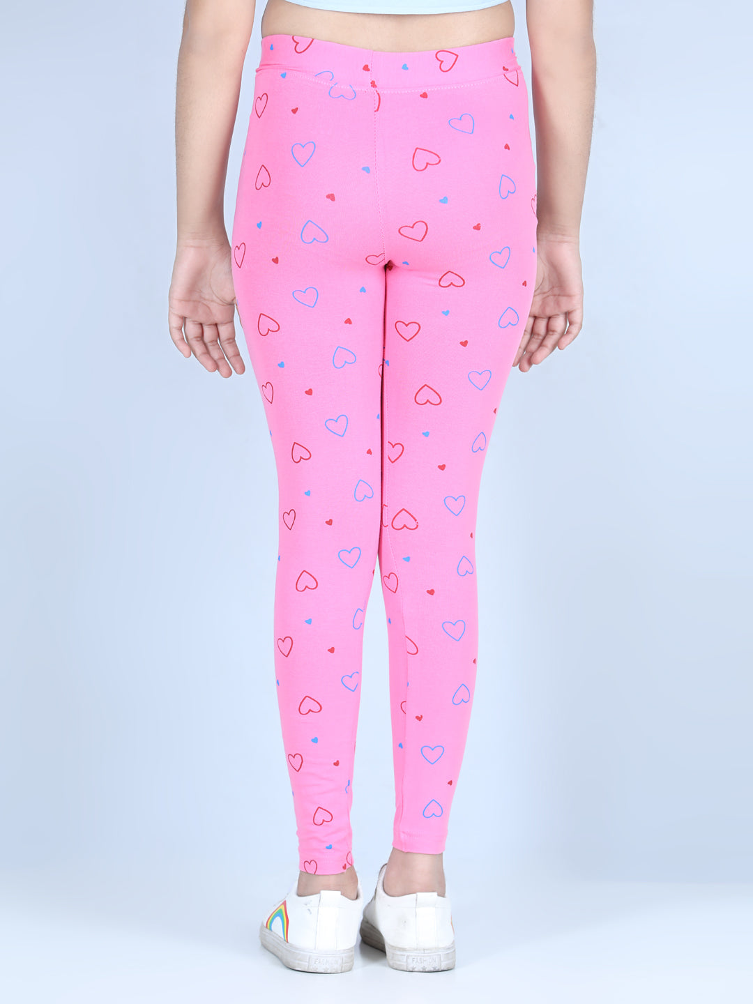 Girls Heart Printed Leggings with Flat Waistband- Pink