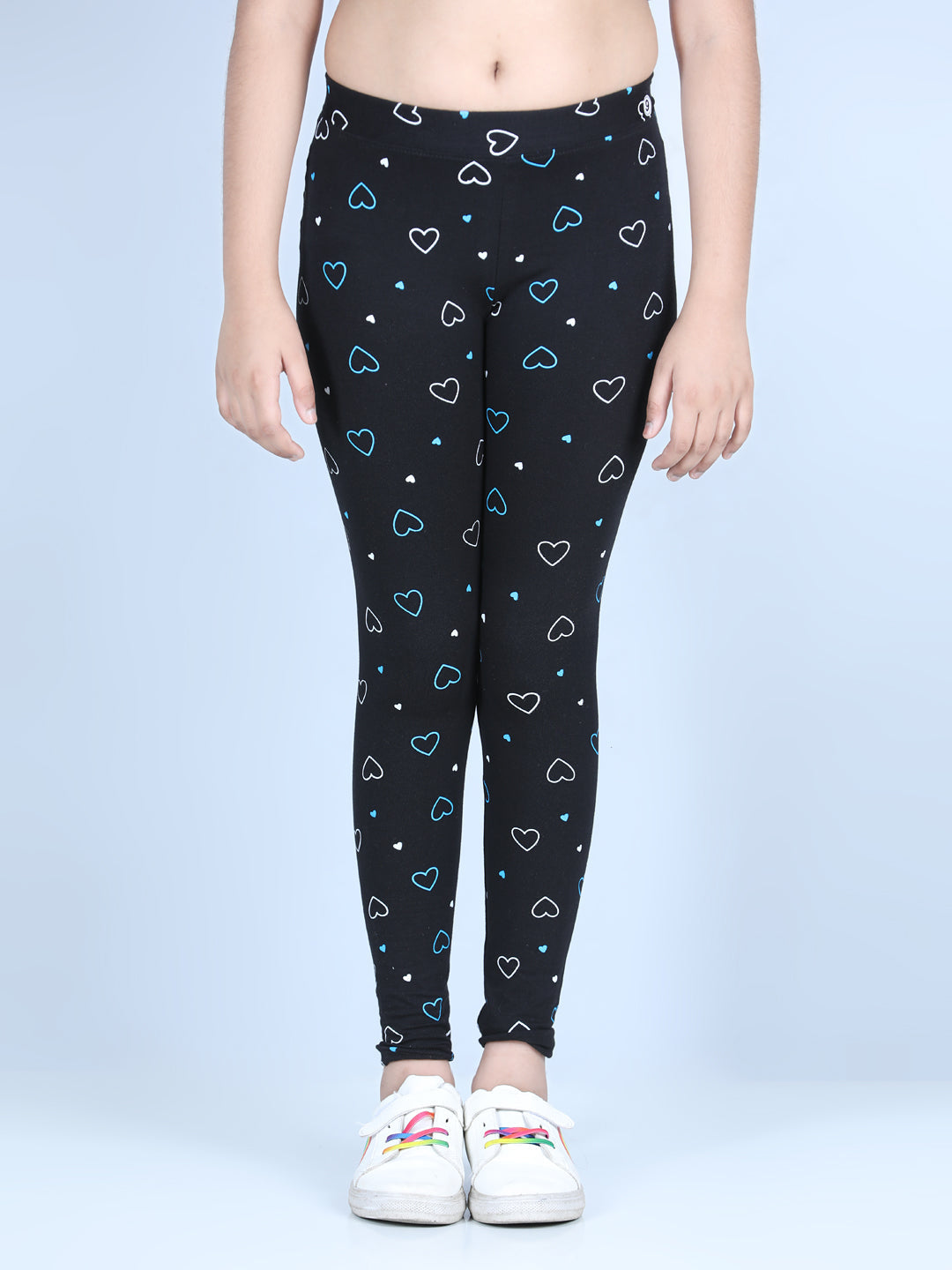 Girls Heart Printed Leggings with Flat Waistband- Black