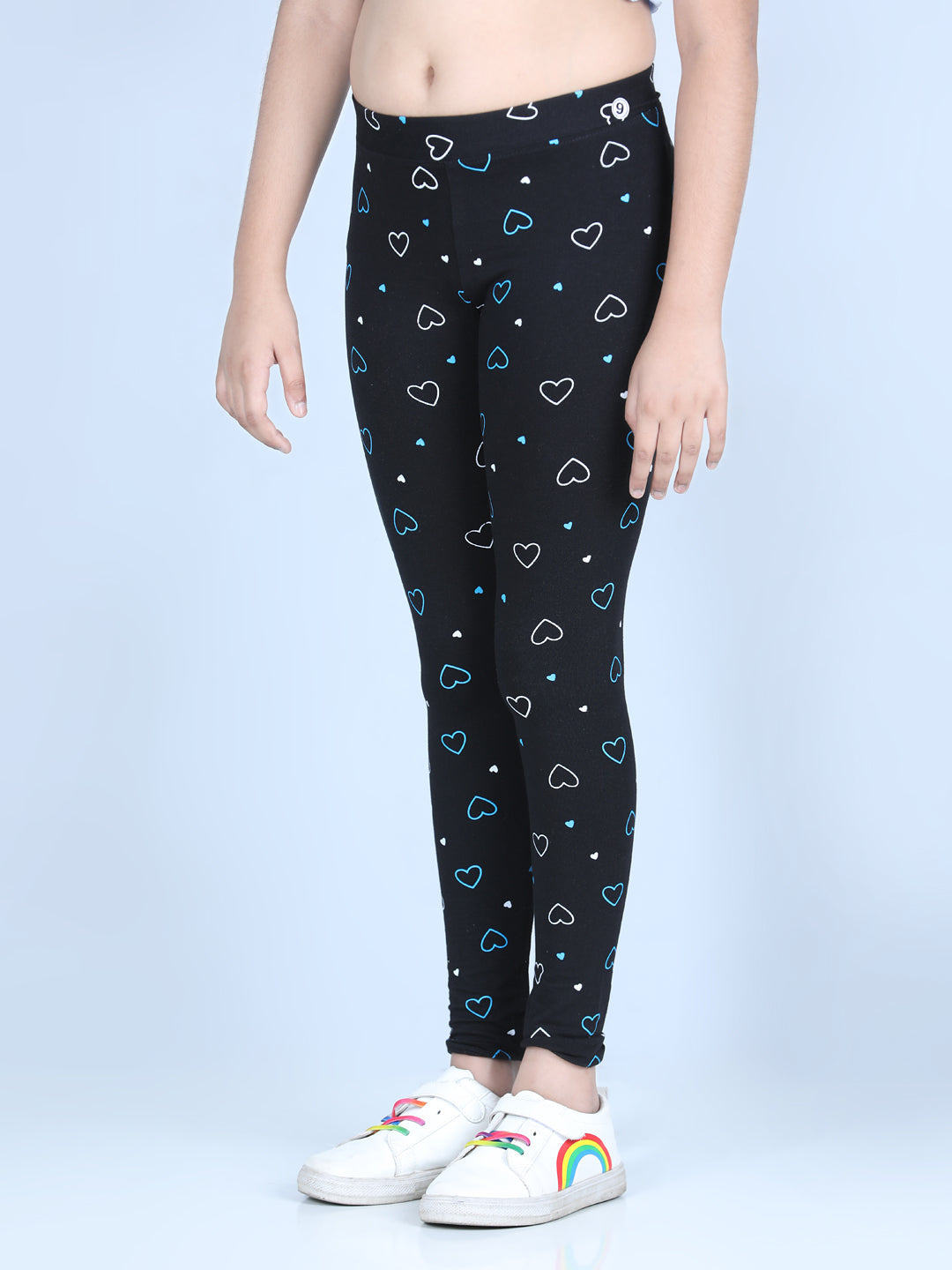 Girls Heart Printed Leggings with Flat Waistband- Black